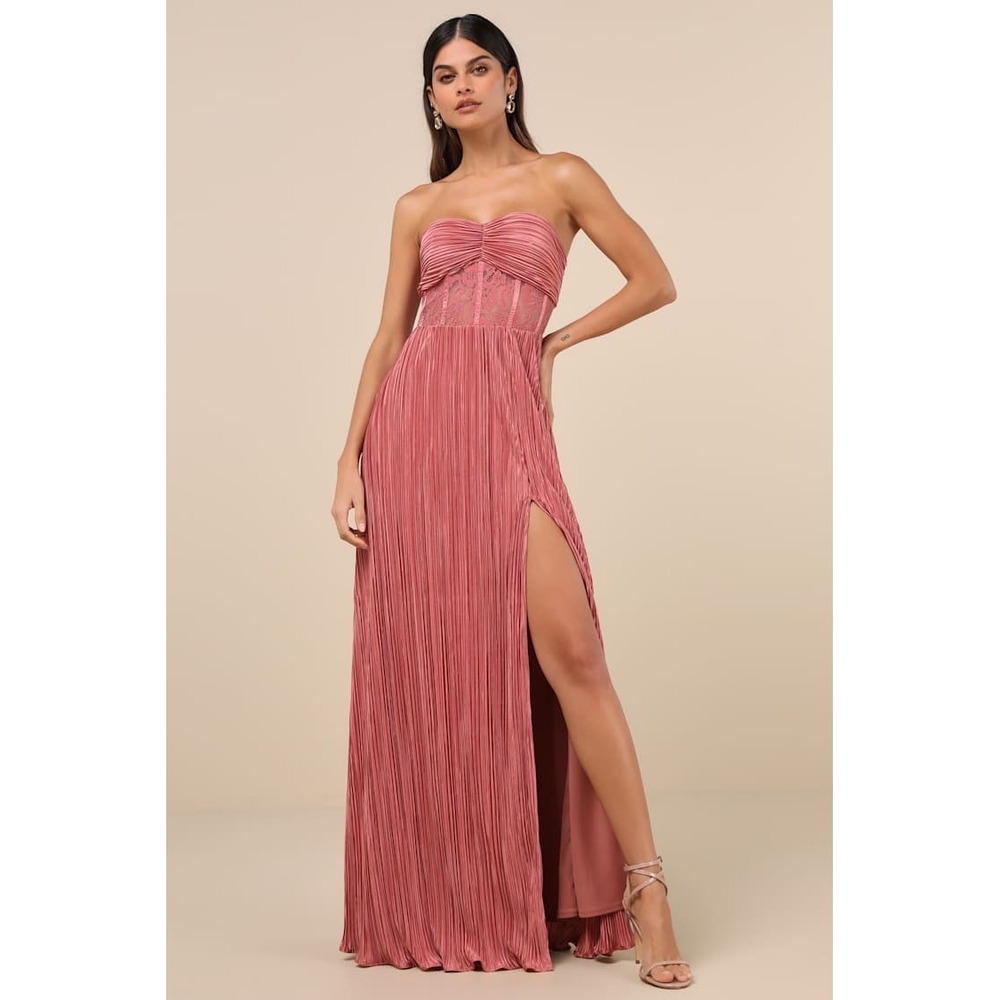 NWT Lulus Desme Rose Pink Satin Plisse Strapless Maxi Dress Lace Corset Large